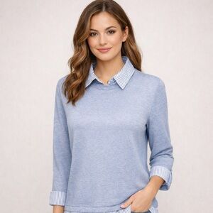 Suzy Shier Blue Layered Look Blouse Sweater Combo Top Size L NWOT